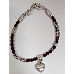 Brighton Red Beaded and Silvertone Love Charm Bracelet